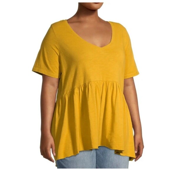 Terra & Sky Yellow Top Size 2X V-Neck Flowy Fit Flare Stretch Blouse Peasant - Picture 1 of 8